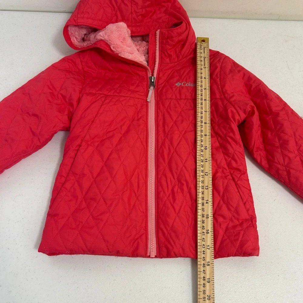 Columbia Girls XS 6/6X Pink Quilted Hooded Jacket Fleece Lined Full Zip Coat